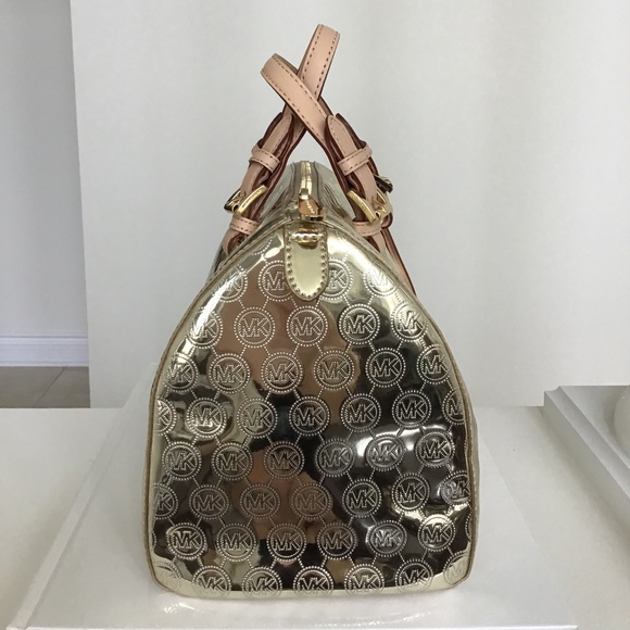 Michael Michael Kors Grayson Gold tone metallic MK logo medium size satchel - Picture 6 of 8